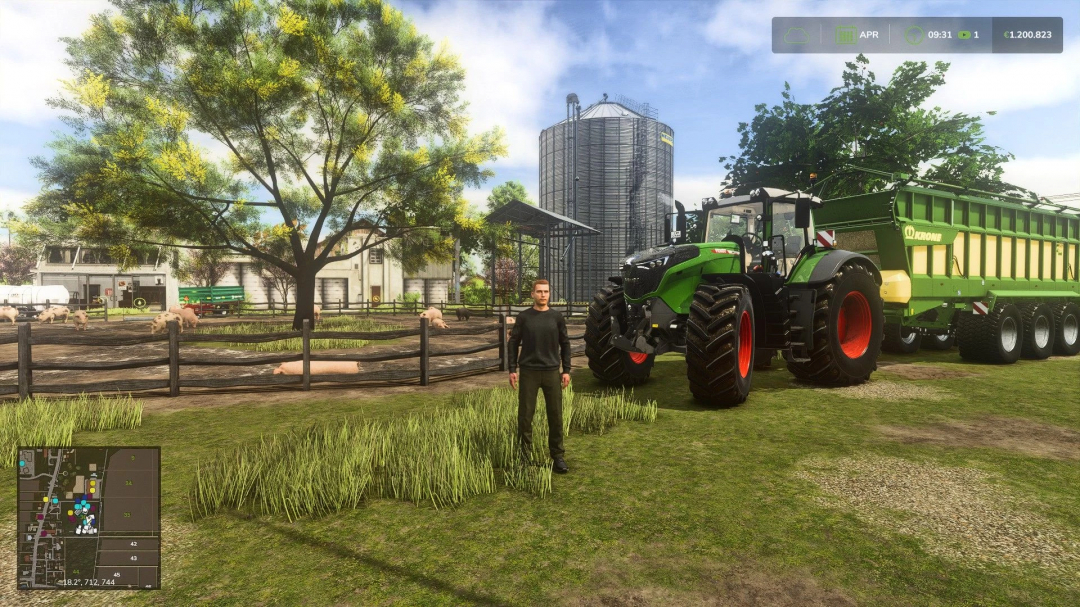 Farming Simulator 25 mod Realistic RayTracing Reshade Preset v2.1.0.0 with detailed farm scene featuring a tractor and silo.