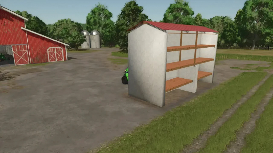 FS25 Regal mod v1.0.0.0 showing large shelves beside red barn in Farming Simulator 25.