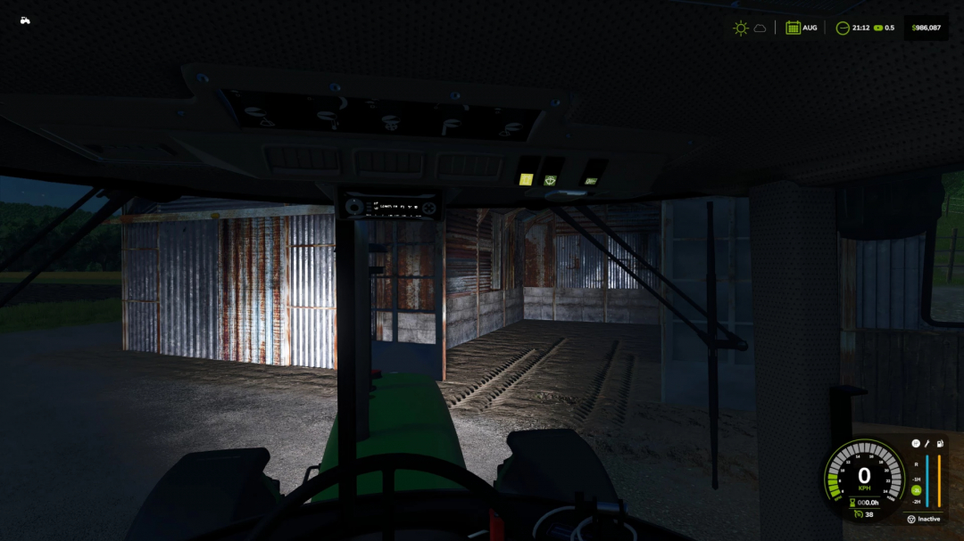 View from a tractor cab at night facing rusty sheds in FS25 mod Rusty Sheds v1.0.0.0, Farming Simulator 25.