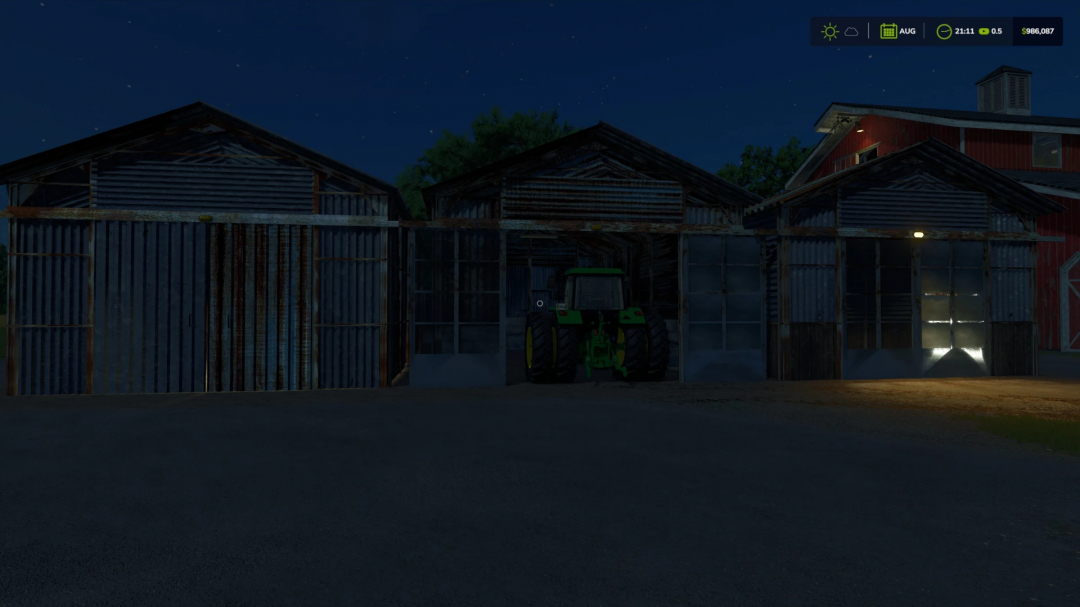 Rusty sheds mod in FS25 with tractor inside, night scene.