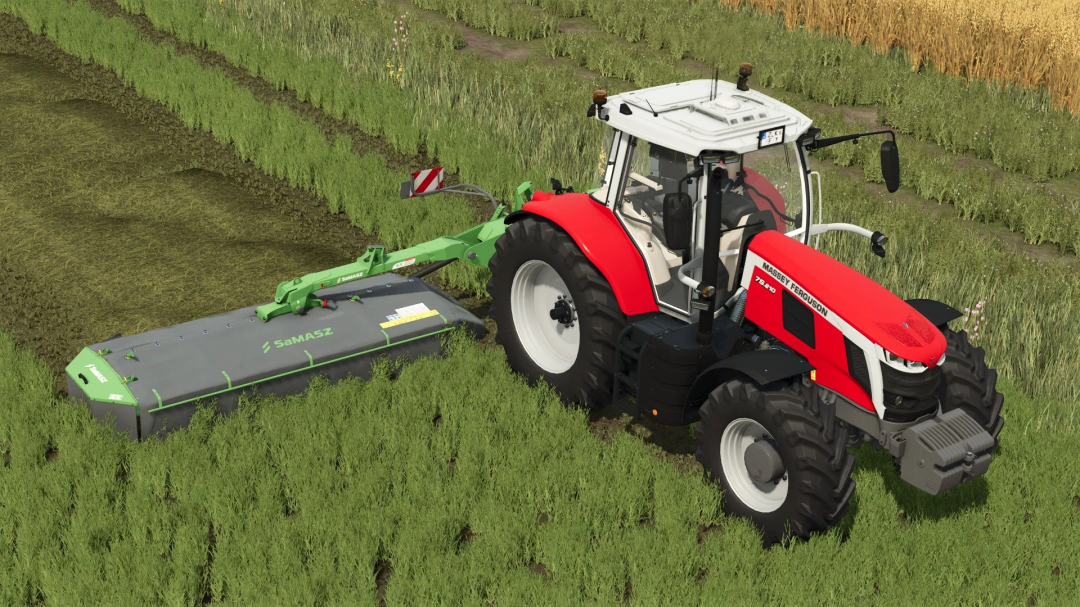 FS25 mod featuring a red tractor with SAMASZ XT 390 mowing machine in a lush field.