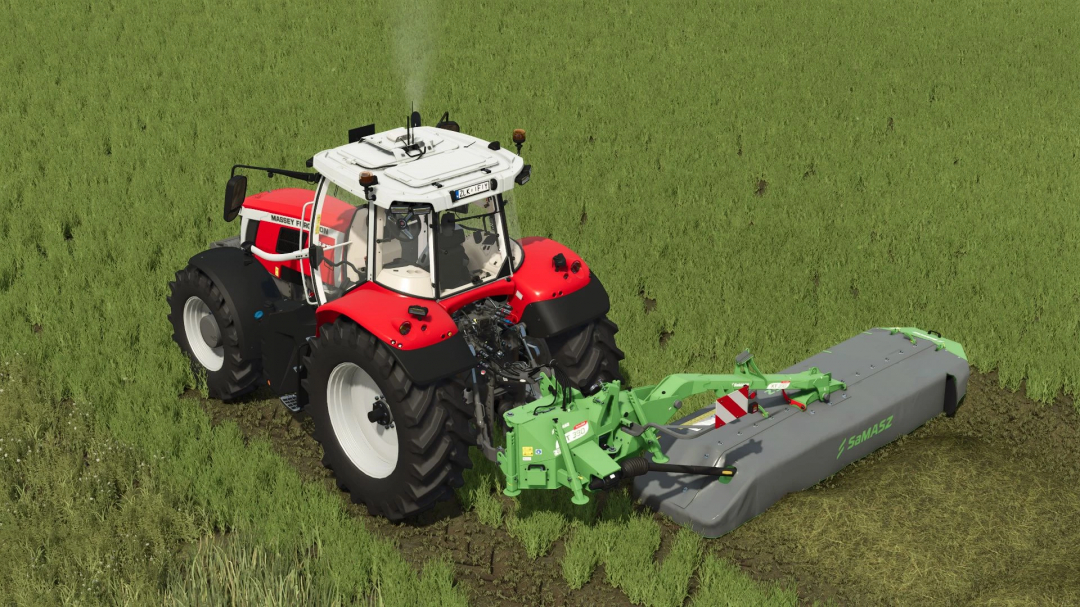 FS25 mod SAMASZ XT 390 Special v1.0.0.0 in action with a red tractor mowing grass.