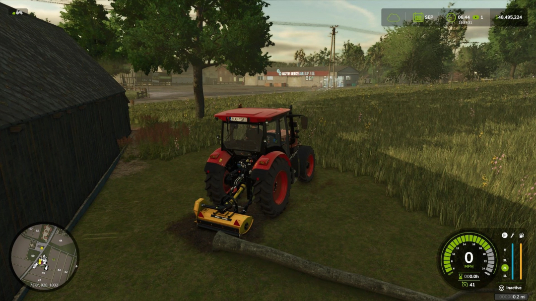 FS25 mod Salek MUL-1000 Forestry Edition v1.0.0.0, a red tractor using the mulcher attachment on a log in Farming Simulator 25.