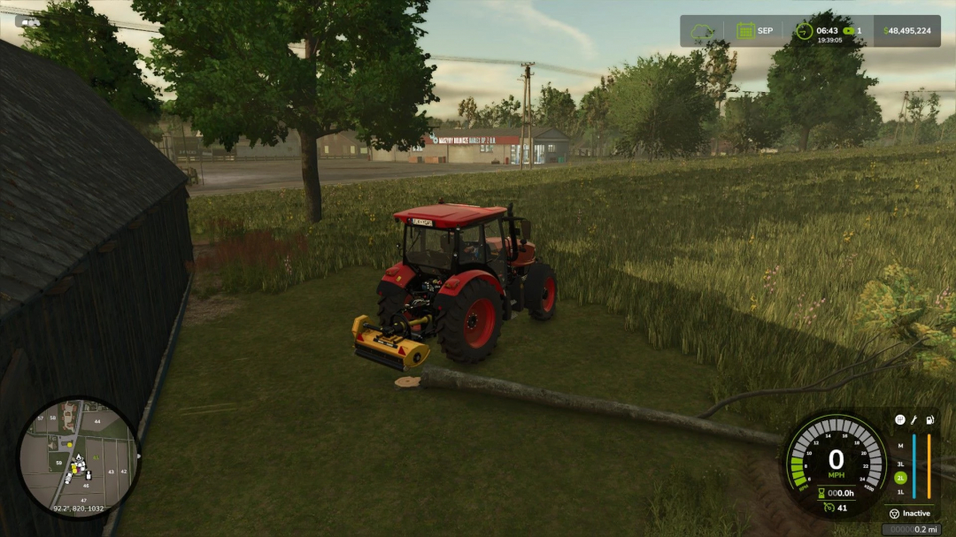 FS25 mod Salek MUL-1000 Forestry Edition v1.0.0.0 tractor on farm field with tree log.