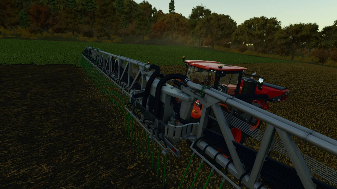 Samson SBH4 36 mod in Farming Simulator 25, attached to a red tractor, fertilizing a green field.