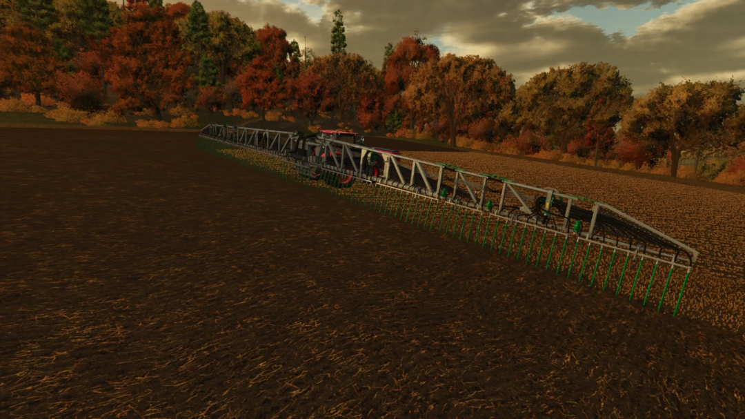 Samson SBH4 36 mod in Farming Simulator 25 cultivating a field with autumn trees in the background.