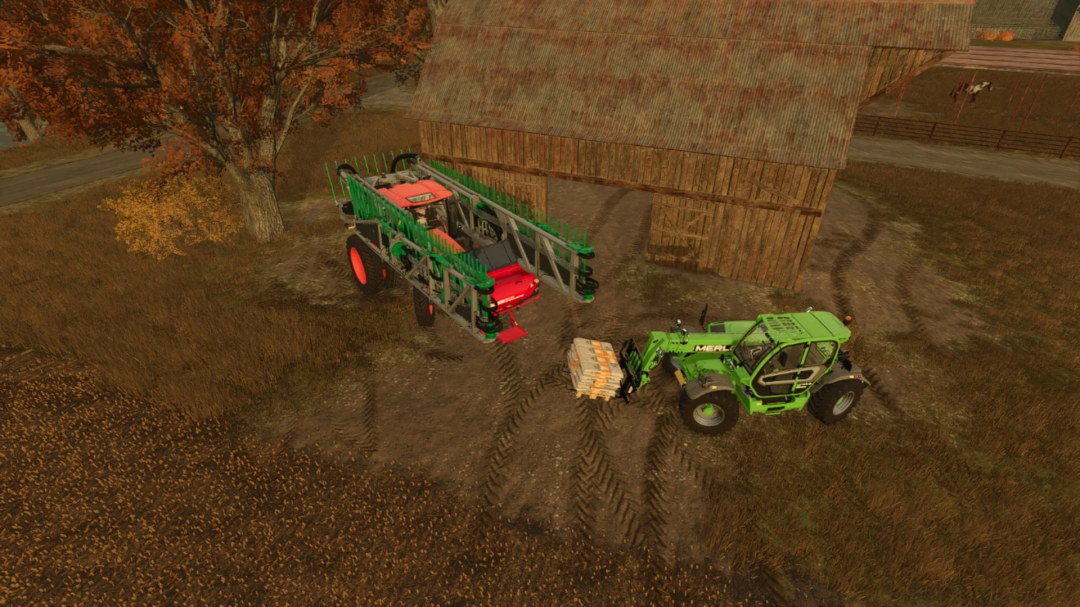 Samson SBH4 36 mod in Farming Simulator 25 near a barn with a tractor and pallet.