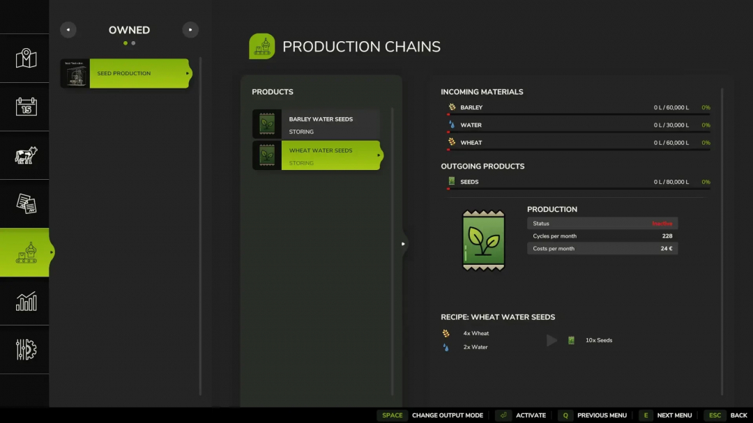 FS25 Seeds Production mod interface displaying production chains for barley and wheat seeds.