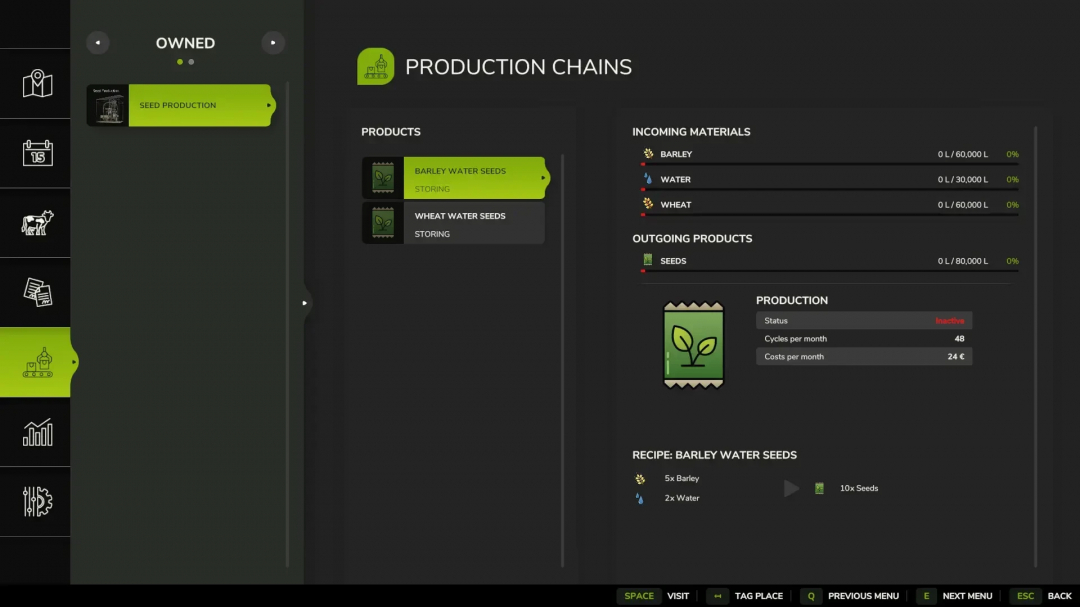 FS25 mod Seeds Production v1.0.0.0 interface showing barley and wheat seed production with input materials and production status.