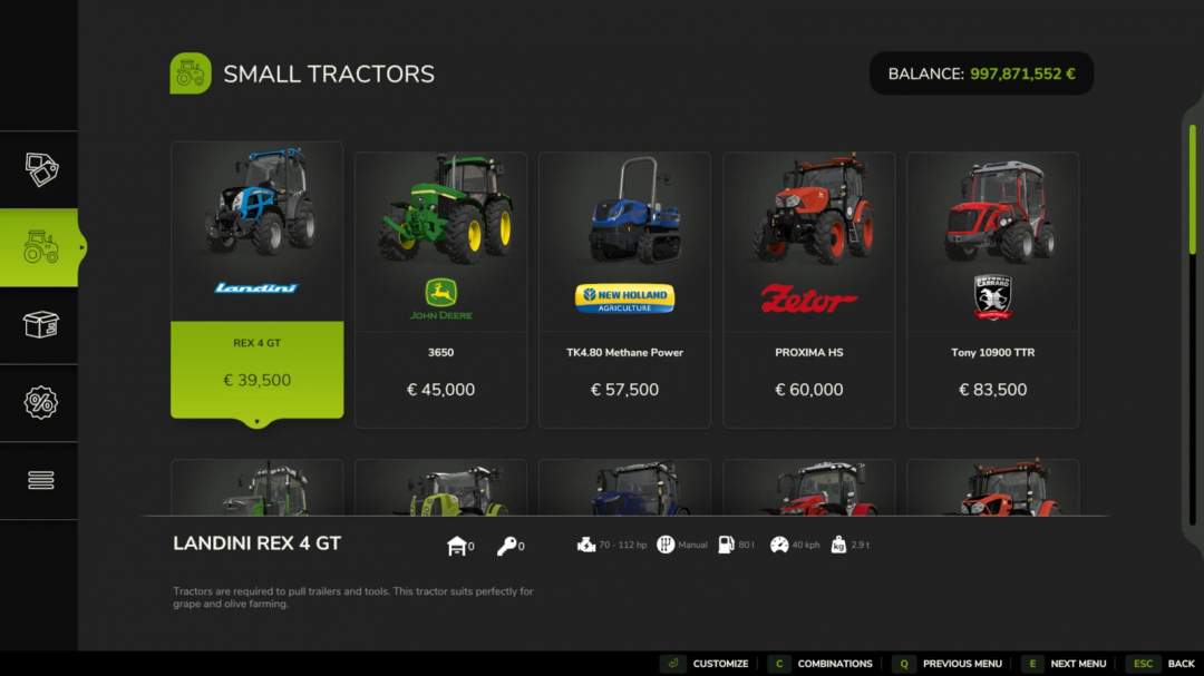 Interface do mod FS25 Shop Sorting v1.0.0.0 mostrando pequenos tratores como Landini REX 4 GT e John Deere 3650 com preços.