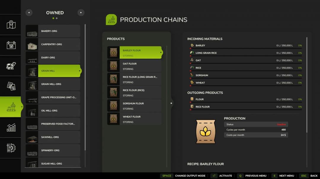 FS25 mod screen showing Small Production Points Increased v1.0.0.0 with grain mill production details and flour options.