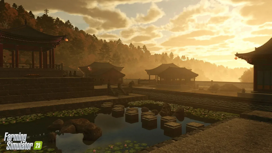 Scenic Asiatic map in FS25 mods showing traditional structures at sunset for Farming Simulator 25.