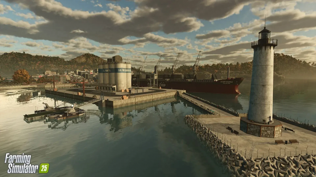 FS25 mods: Starting Asiatic map v1.2.0.0 featuring a lighthouse, warehouse, and ship docked in a scenic harbor.