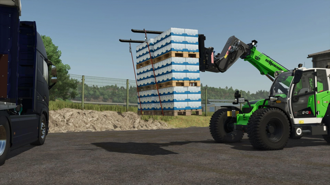 FS25 mods: Strap fork lifting pallets with a green telehandler in Farming Simulator 25.