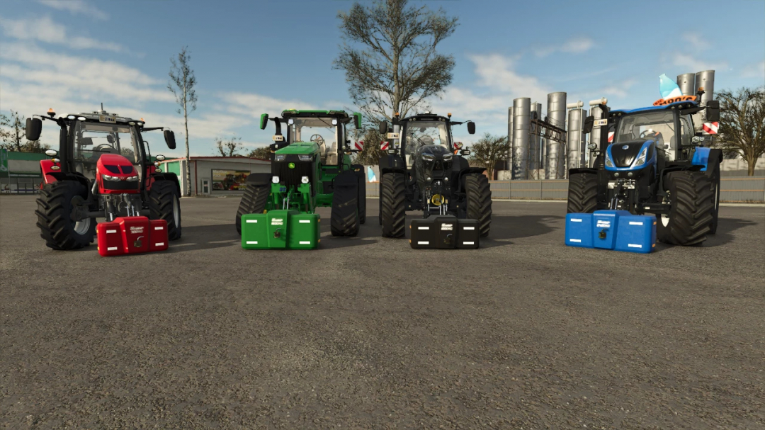 Four tractors in a row with Suer weight packs in red, green, black, and blue for FS25 mods.