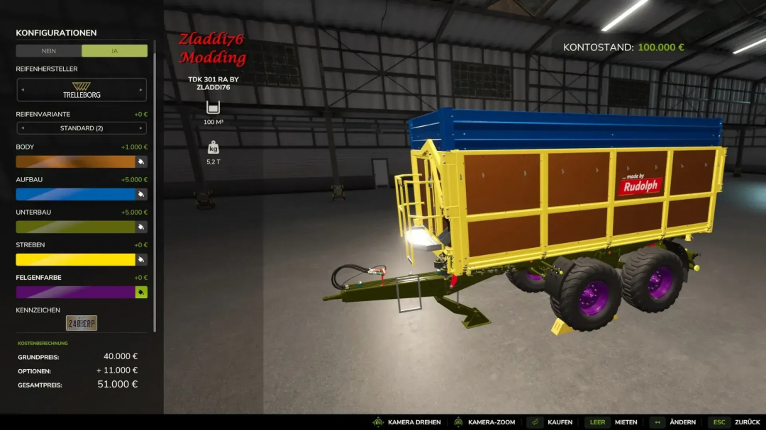 FS25 mod TDK 301 RA v1.0.0.0 by Zladdi76 showing a customizable trailer configuration in a virtual garage.