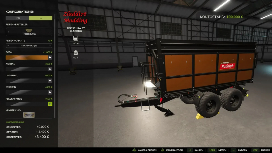 FS25 mod TDK 301 RA by Zladdi76 in a garage scene, showcasing customization options and pricing details.