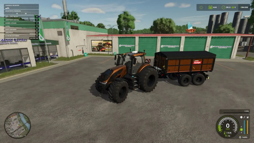 FS25 mod TDK 301 RP v1.0.0.0 with tractor and trailer outside dealership.