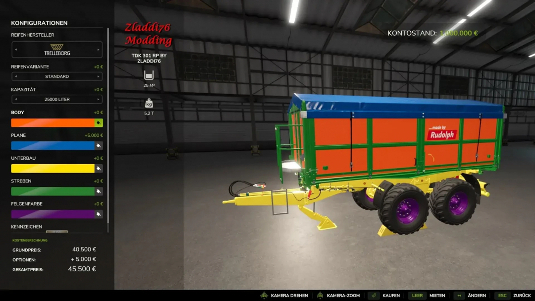 TDK 301 RP trailer mod in FS25 with customization options displayed, including size, color, and manufacturer details.