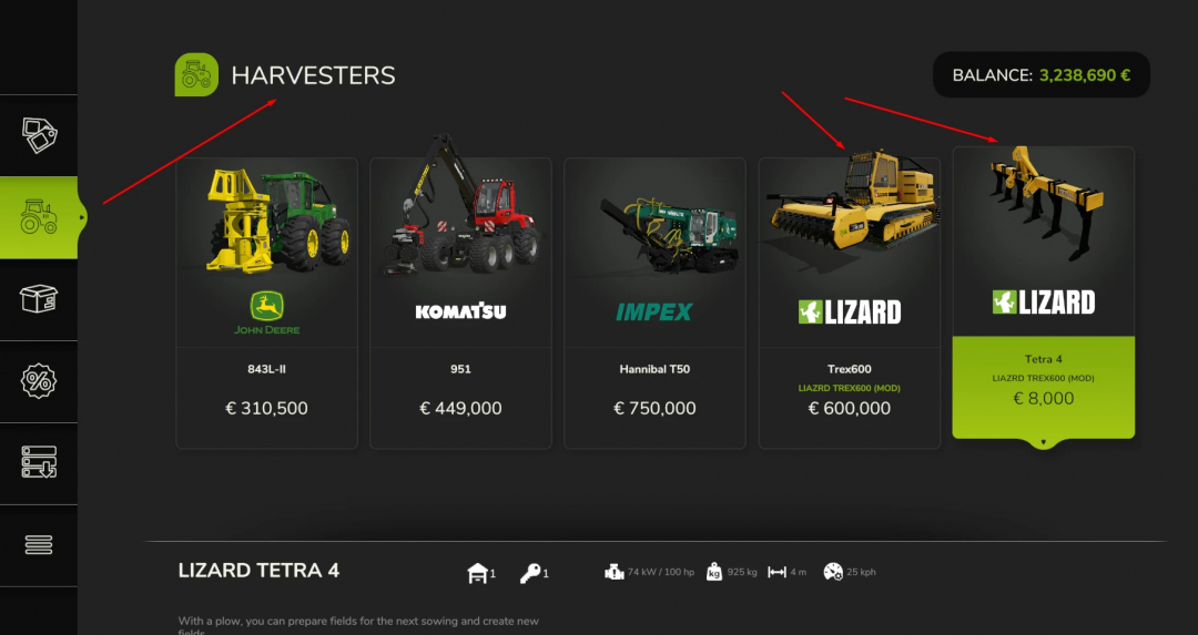 FS25 mod menu showing harvesters, including Trex 600 priced at €600,000.