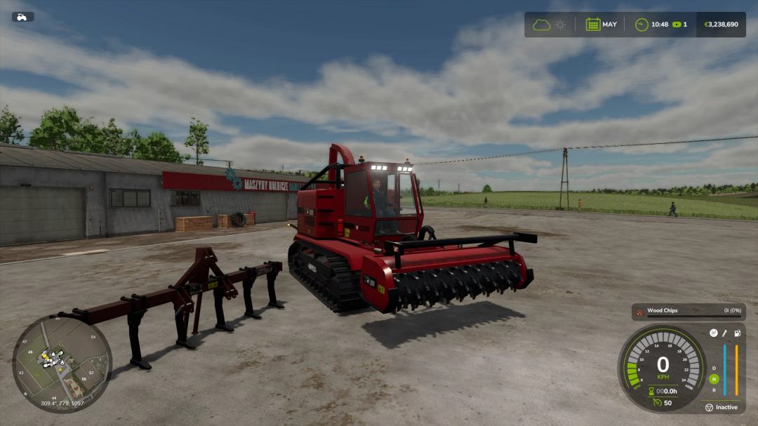 FS25 Trex 600 mod display, red machine in farm setting, Farming Simulator 25.