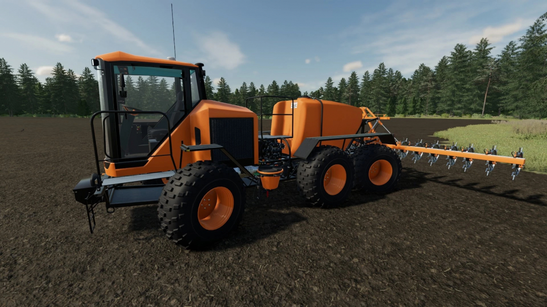 FS22 mod Tuman 3 MG v1.0.0.0 pokazujący pomarańczowy sprzęt do nawożenia na polu w Farming Simulator 22.