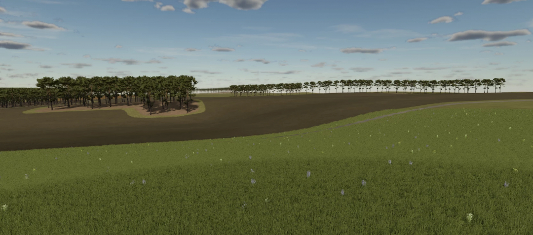 FS25 US Map 1 mod showcases a vast farmland landscape with trees and green fields, enhancing Farming Simulator 25 gameplay.