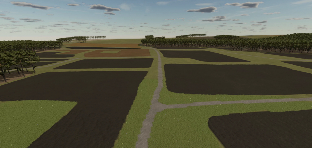 Aerial view of open fields and trails in the US Map mod for Farming Simulator 25.