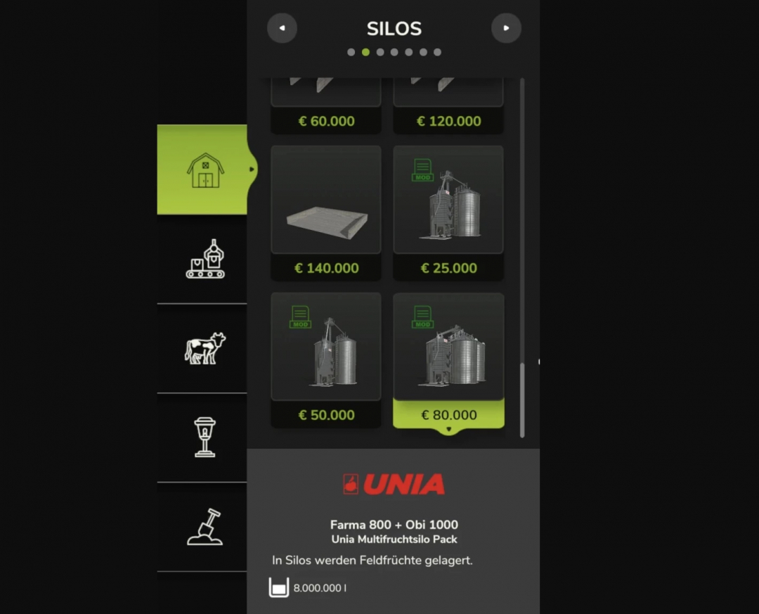 FS25 Unia Multifruitsilo Pack menu displaying silo options and prices for Farming Simulator 25 mod.