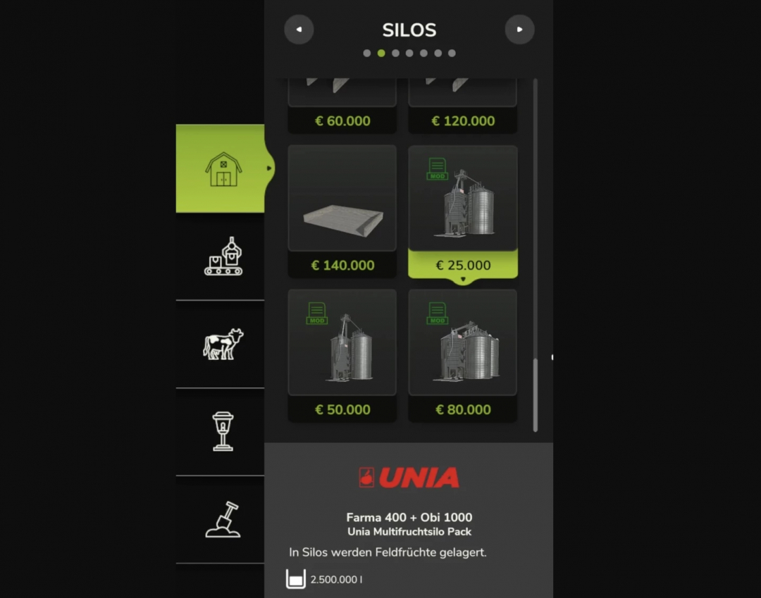 FS25 Unia Multifruitsilo Pack V1.0.0.0 menu displaying silo options with prices.