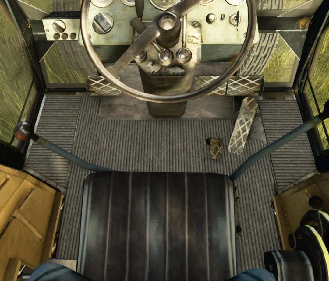 Interior view of Ursus 920 tractor mod for Farming Simulator 25, showing the steering wheel, pedals, and seating.