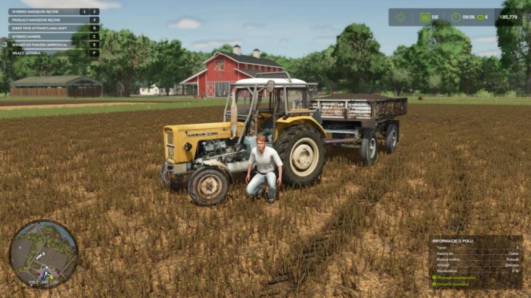 Player with Ursus c-360 tractor in Farming Simulator 25 mod, featuring a field and barn in background.