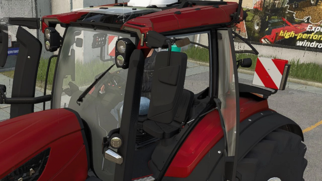 Mod Valtra S Series FS25 en rouge, montrant l'intérieur détaillé de la cabine.