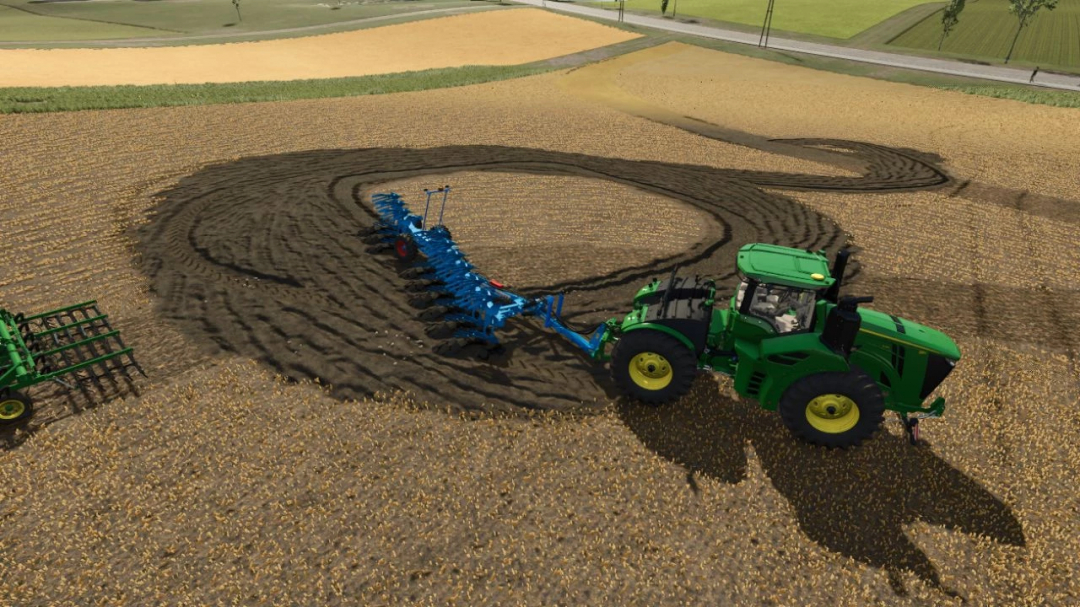 FS25 mod Zielonka Multiangle v1.0.0.0 showing a tractor plowing fields with precision.