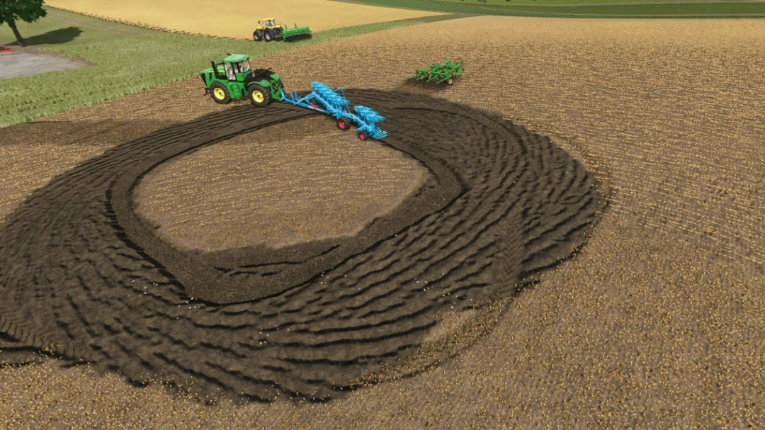 FS25 mod Zielonka Multiangle v1.0.0.1 showing a tractor plowing a field with intricate patterns.