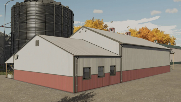 fs22-mods,  3 Stars Garage mod for FS22 features a detailed storage building with red and white siding, enhancing Farming Simulator 22 gameplay.