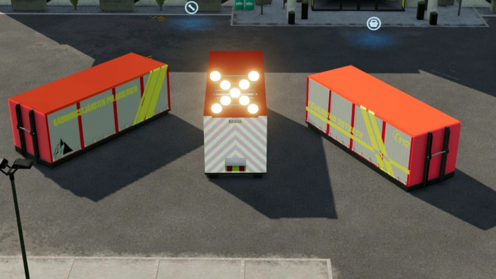 fs22-mods,  FS22 AB Pack v1.1.0.0 mod with three orange containers in a parking lot.