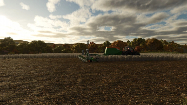 fs25-mods,  Amazone Citan 15001C Semi-Direct mod for FS25 in a field with a tractor, emphasizing farming simulation.