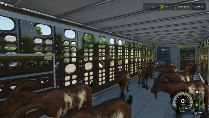 fs25-mods,  FS25 Animal Transport mod featuring goats inside a trailer, showcasing Farming Simulator 25 gameplay.