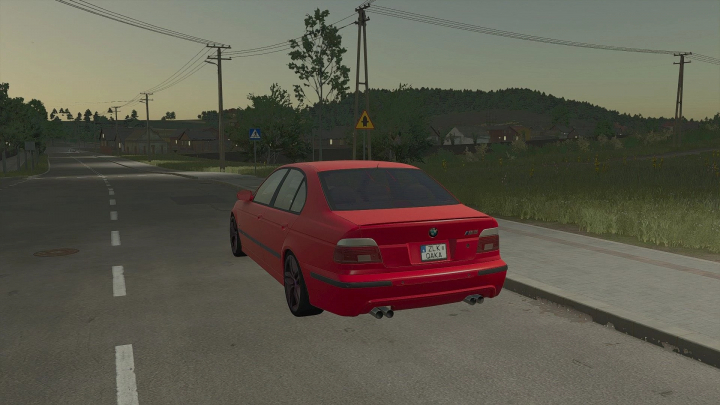 fs25-mods,  FS25 mod BMW E39 v1.0.0.0 features a red BMW on a rural road in Farming Simulator 25.