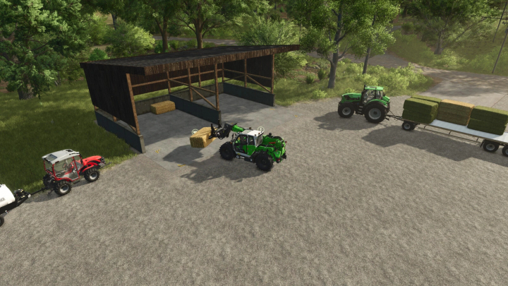 fs25-mods,  FS25 mods Bale Storage v1.0.0.0 showing tractors moving hay bales into a storage shed.