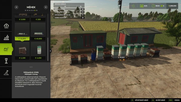 fs25-mods,  FS25 mods Beehives package v1.0.0.1 showing a selection menu with beehives and farm scenery.