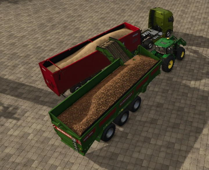 fs25-mods, FS25 mod: Bergmann RRW 500 Sugarbeet Cutter v1.0.0.0 loading sugar beets into a trailer.