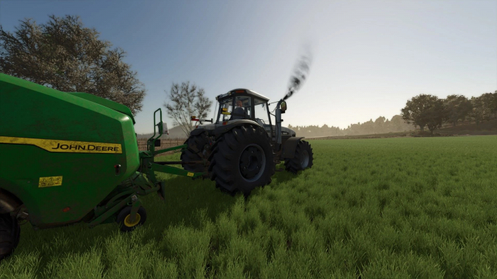 fs25-mods,  FS25 mod Black smoke for vehicles v1.0.0.0 showing tractor on a farm field, emitting black smoke.