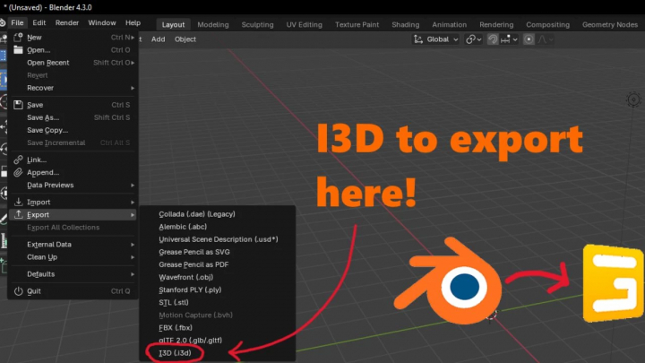 fs25-mods,  Blender interface showing I3D export option for FS25 mods, highlighted in export menu.