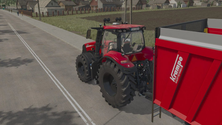 fs25-mods,  FS25 mod Case IH Magnum T4B with Krampe trailer on a village road.