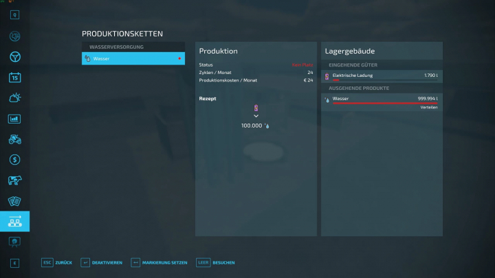 fs25-mods,  FS25 mod Central water supply 1.0 screen showing water production and electricity input.