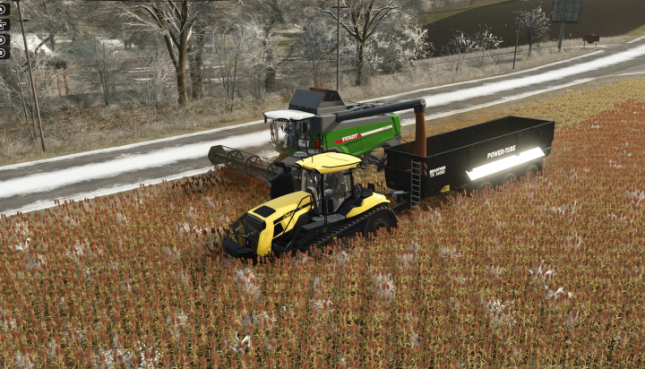 fs25-mods,  FS25 mods: Challenger MT800 2021 V1.0.0.1 working in a cornfield alongside a Fendt harvester during winter in Farming Simulator 25.