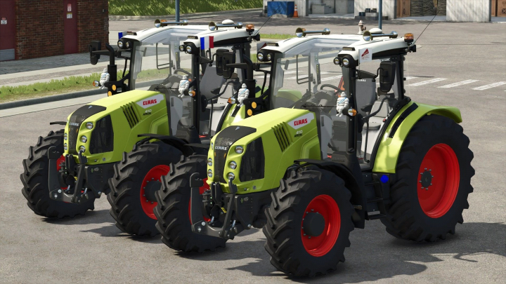 fs25-mods,  Three Claas Arion 400 tractors in FS25 mod v1.0.0.0 display with green bodies and red wheels.