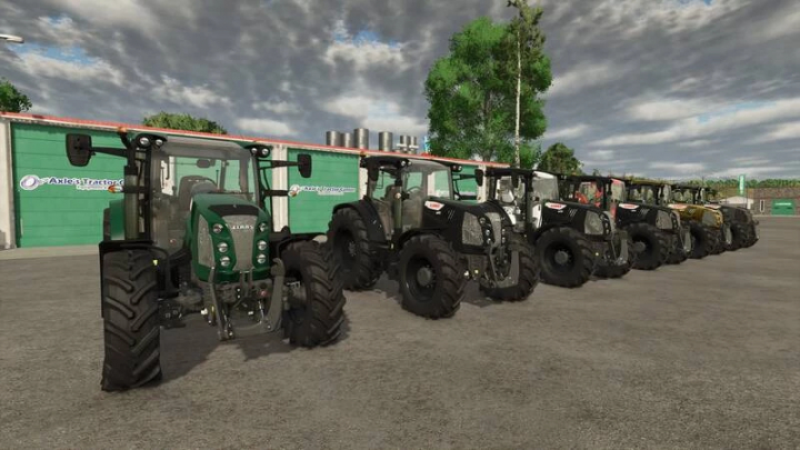 fs25-mods,  Lineup of Claas Arion 4xx tractors in Farming Simulator 25 mod, showcasing various models on a farmyard.